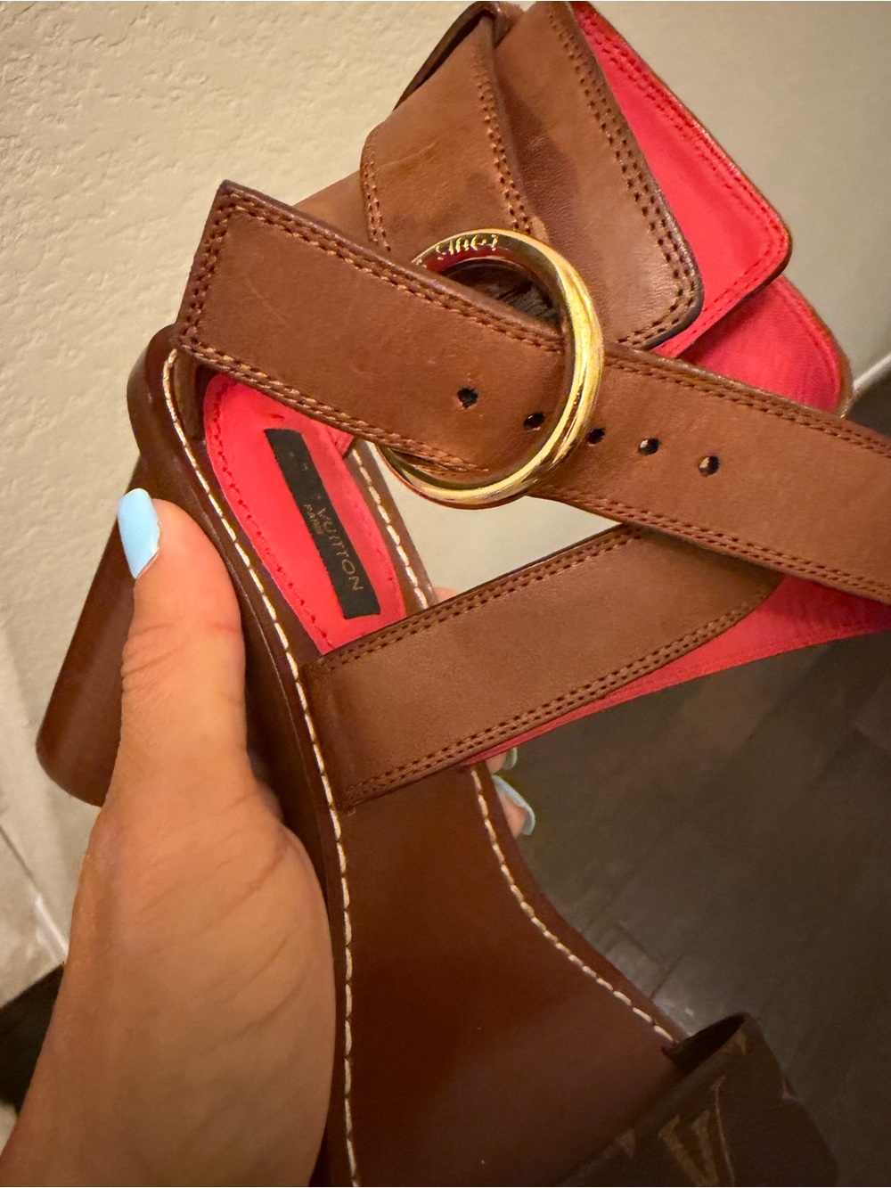 Louis Vuitton Brown Leather & Monogram Block Heel Sandals with Pink Lining. - Picture 5 of 5